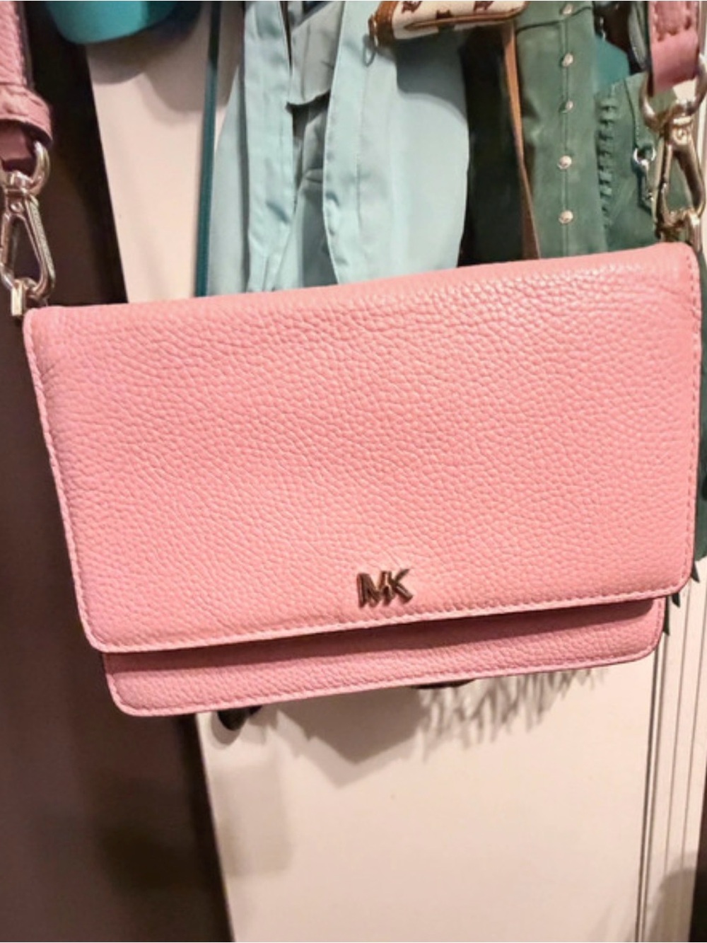 Michael Kors Pink Pebbled Leather Crossbody with Gold MK Logo